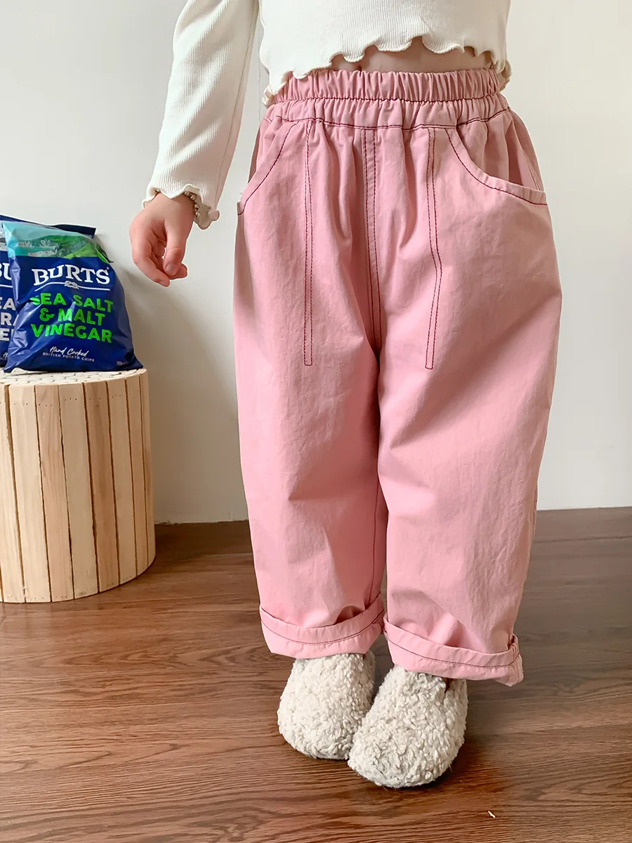 

2023 Autumn New Children Loose Trousers Solid Girls Harem Pants Baby Pocket Pants Kids Girls Casual Pants Baby Clothes