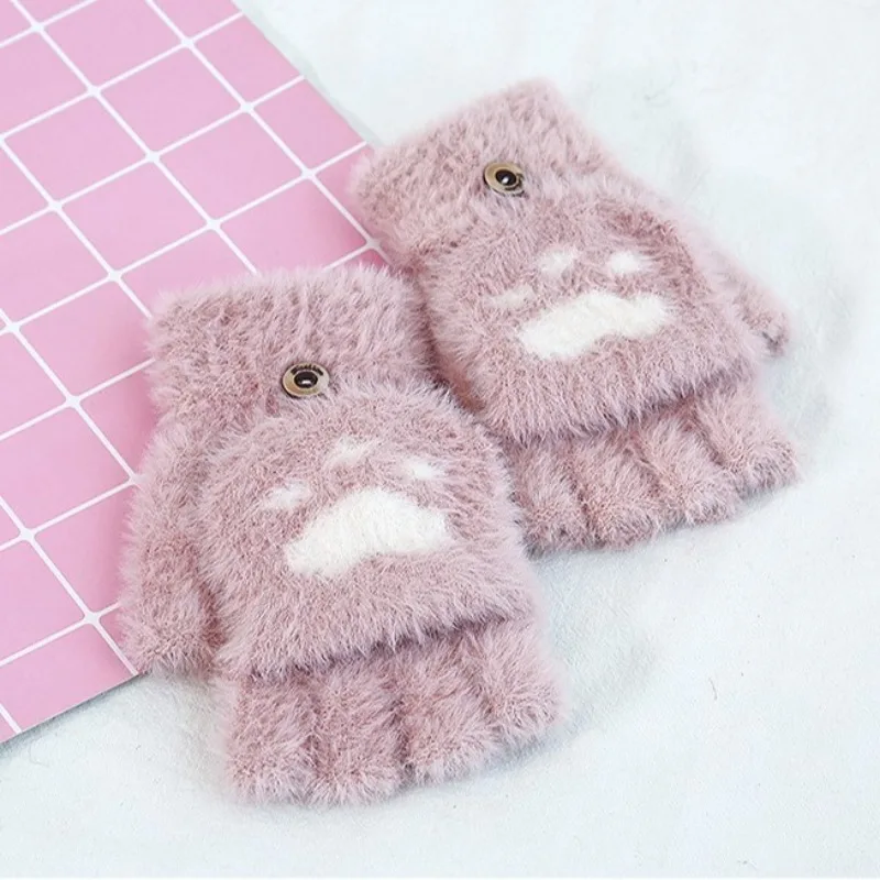 Fingerless Winter Gloves Thicken Women Warm Cat Gloves Fashion Girls Cat Claw Paw Plush Mittens Soft Plush Short Fingerless Half Finger Winter Gloves