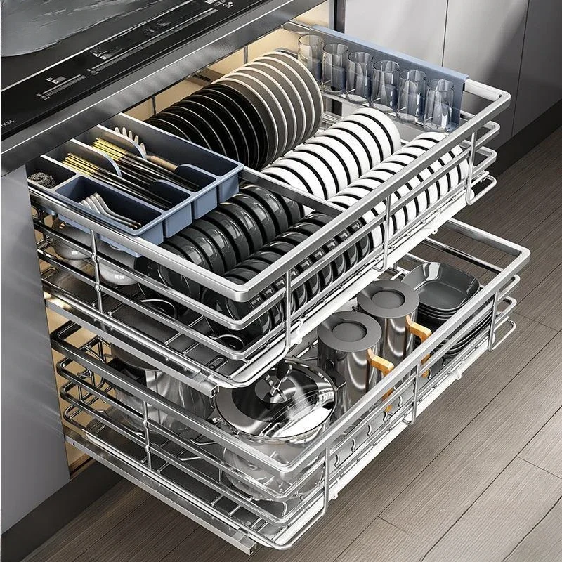 Kitchen dishes and plates storage rack cabinet double drawer basket household stainless steel drain rack storage rack