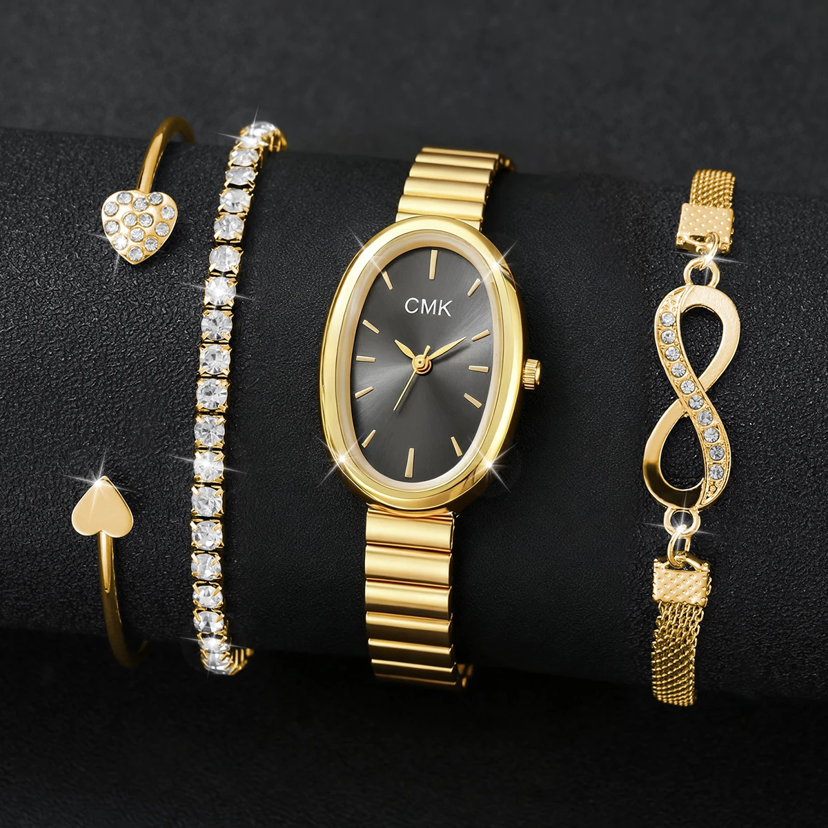 4pcs/set Women's Quartz Watch Gold Luxury Women Bracelet Rhinestone Fashion Wristwatch Casual Ladies Watches Bracelet Set No Box