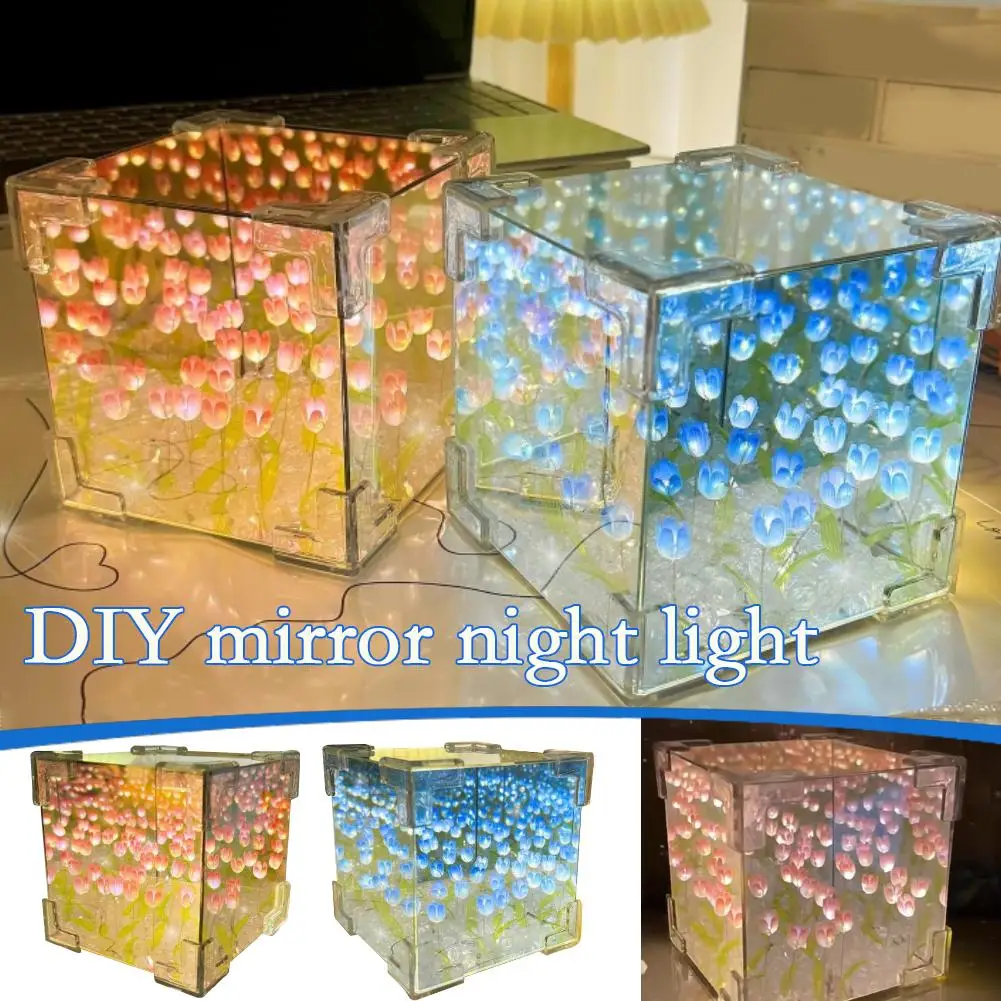 Handmade Tulip Mirror Small LED Night Light Cube INS Desktop Girl Gifts Decoration Birthday Living Heart Home Room S1E4