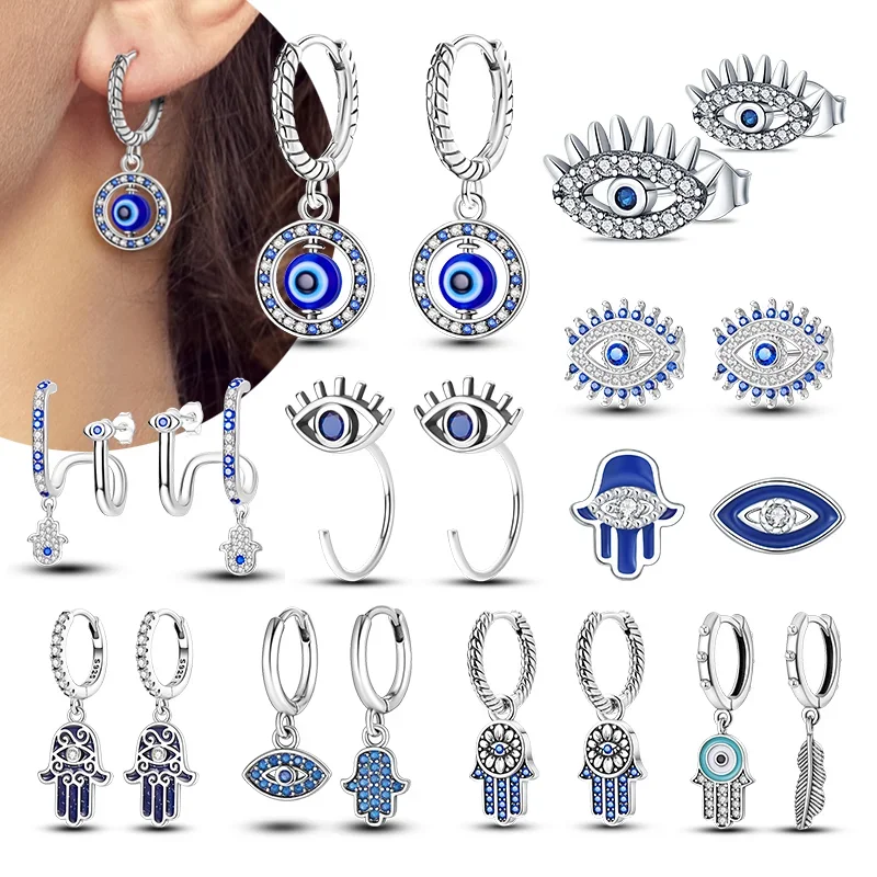 Silver S925 Demon Evil Eyes Hoop Earrings Religious Series Earrings Blue Zircon Drop for Women Jewelry Party Gifts