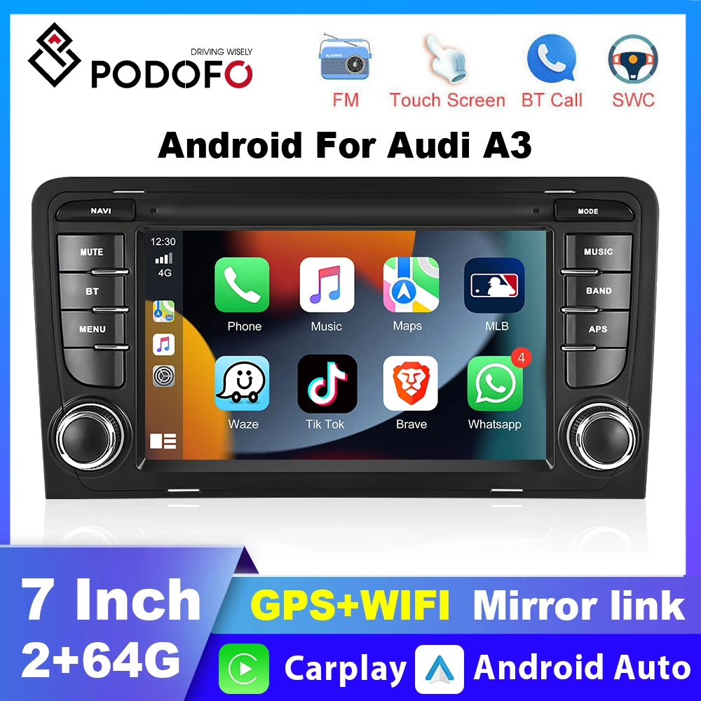 

Автомобильный мультимедийный плеер Podofo 2 + 64 ГБ Android для Audi A3 8P 2003-2011 S3 Sportback Carplay Android Авто RDS GPS 2din Авторадио