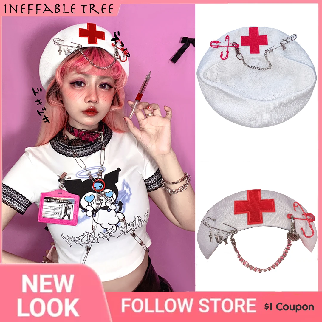 

Y2K Women Girl Lolita Red Berets Hat Gothic Punk Rivet Cross Chain Beret Hats Ladies Street Cool Hip Hop Rock Beret Caps