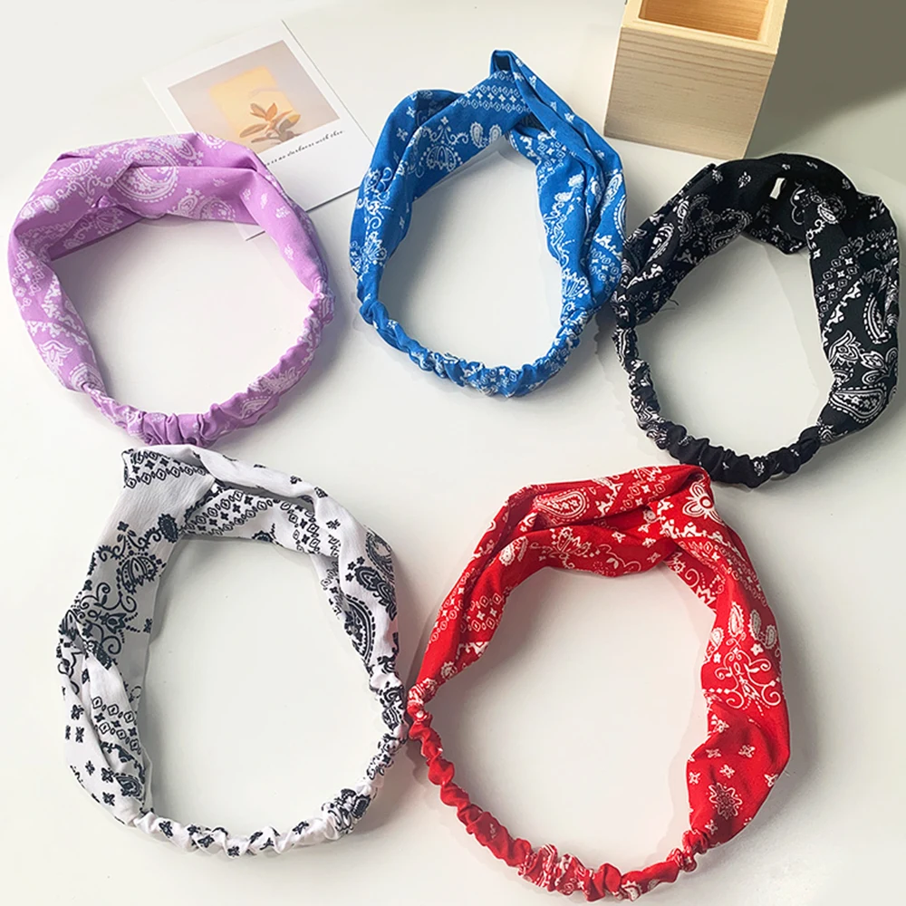 

Cashew Flower Print Headband Elastic Turban Head Wrap Cross Knot Hair Band For Hair Accessories Paisley Bandana Fashion Hairband