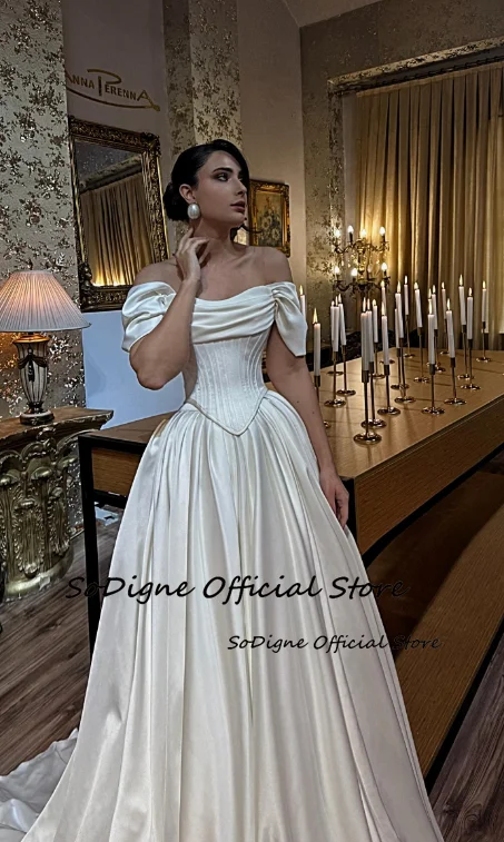 SoDigne A-line Satin Simple Wedding Dress Off Shoulder Long Bride Dresses Elegant Bridal Gowns Robe De Mairee Customized