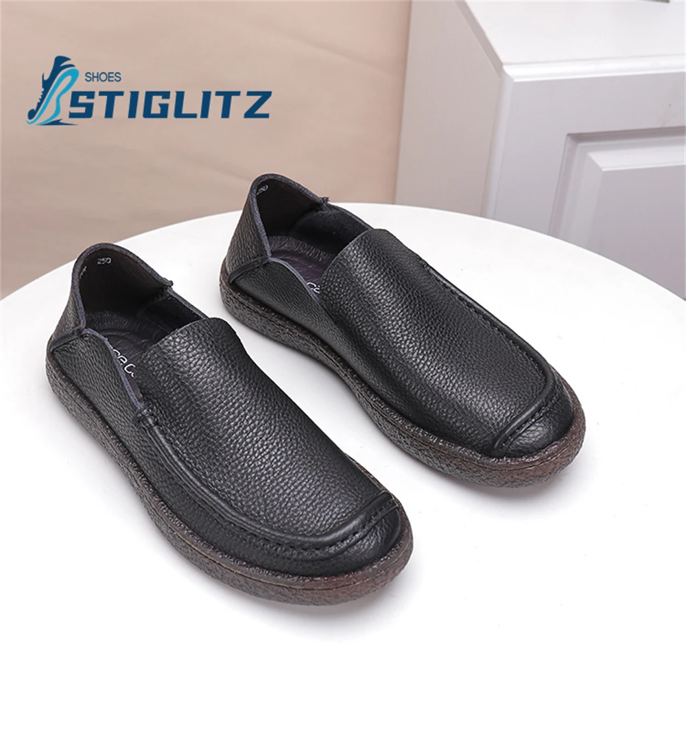 Embossed Stitching Cowhide Loafers Round Toe Shallow Slip On Flat Casual Shoes for Men Oxford Soft Sole Men's Leather Shoes New
