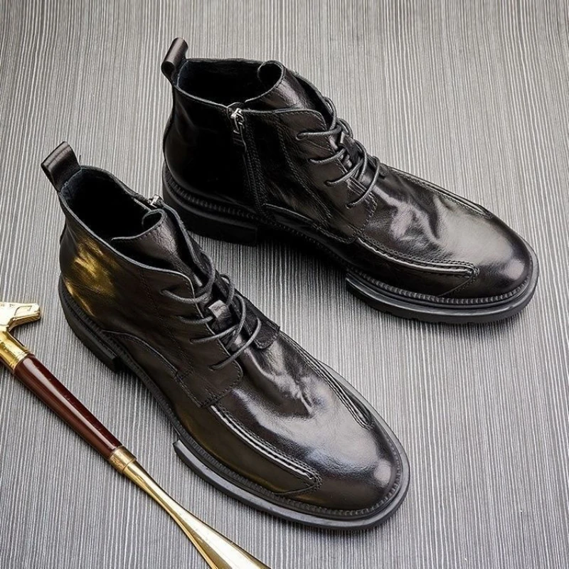 Men Side Zip Leather Boots High-top Thick Sole Shoes British Style Lace-up Comfortable Leisure Non-slip Footwear Bota Masculina