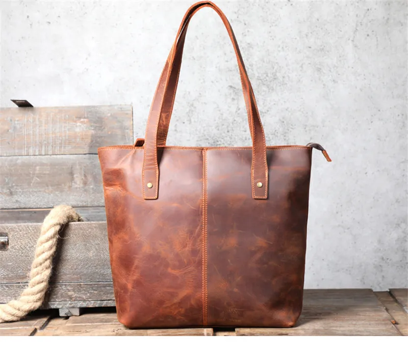 Simple vintage high-quality natural genuine leather unisex tote bag casual crazy horse cowhide large-capacity laptop handbag