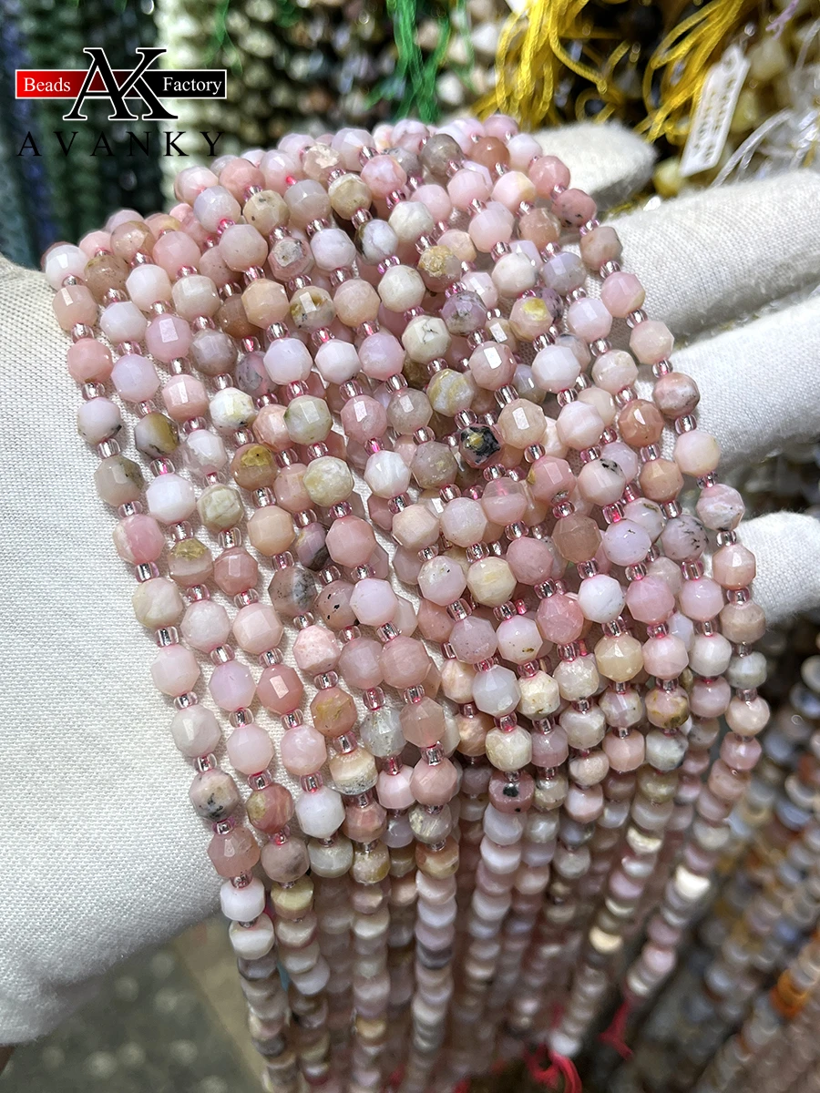 

Natural Pink Opal Crystal Stone Energy Column Beads Faceted Loose Spacer For Jewelry Making DIY Necklace Bracelet 15'' 6mm