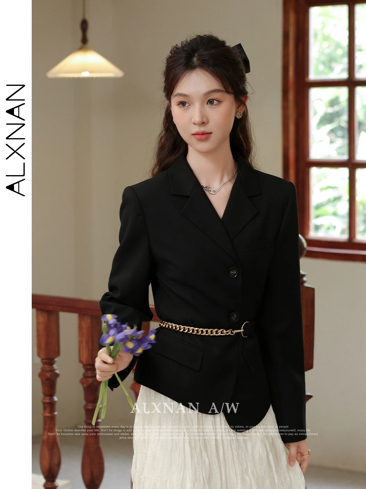 ALXNAN Black Straight Blazer Women Autumn Commuter Casual Polo Collar Single Breasted Long Sleeve Suit Jacket LXN31136