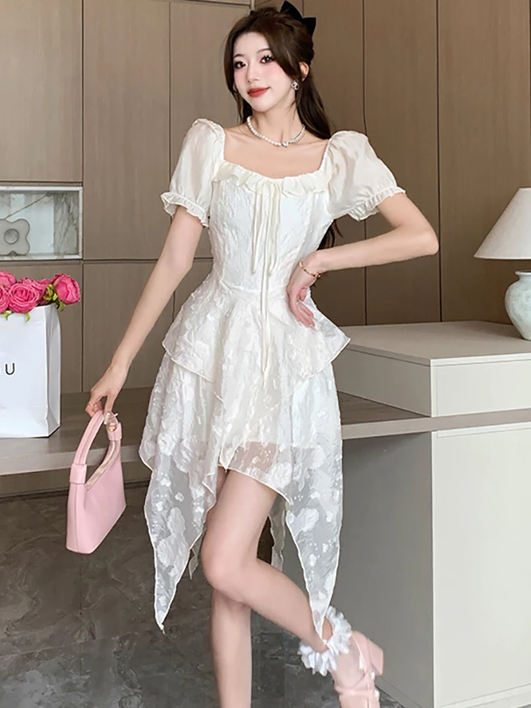 

Summer White Jacquard Chic Ruffled Short Dress Women Fashion Princess Sleeve Casual Dress 2024 Korean Square Collar Prom Dresses