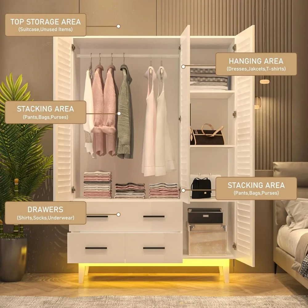3 Door Armoire Wardrobe Closet Cabinet with Drawers and LED Lights, Multi-Tier Shelves, Hanging Rod & 3 Louver Doors 5
