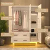 3 Door Armoire Wardrobe Closet Cabinet with Drawers and LED Lights, Multi-Tier Shelves, Hanging Rod & 3 Louver Doors 5