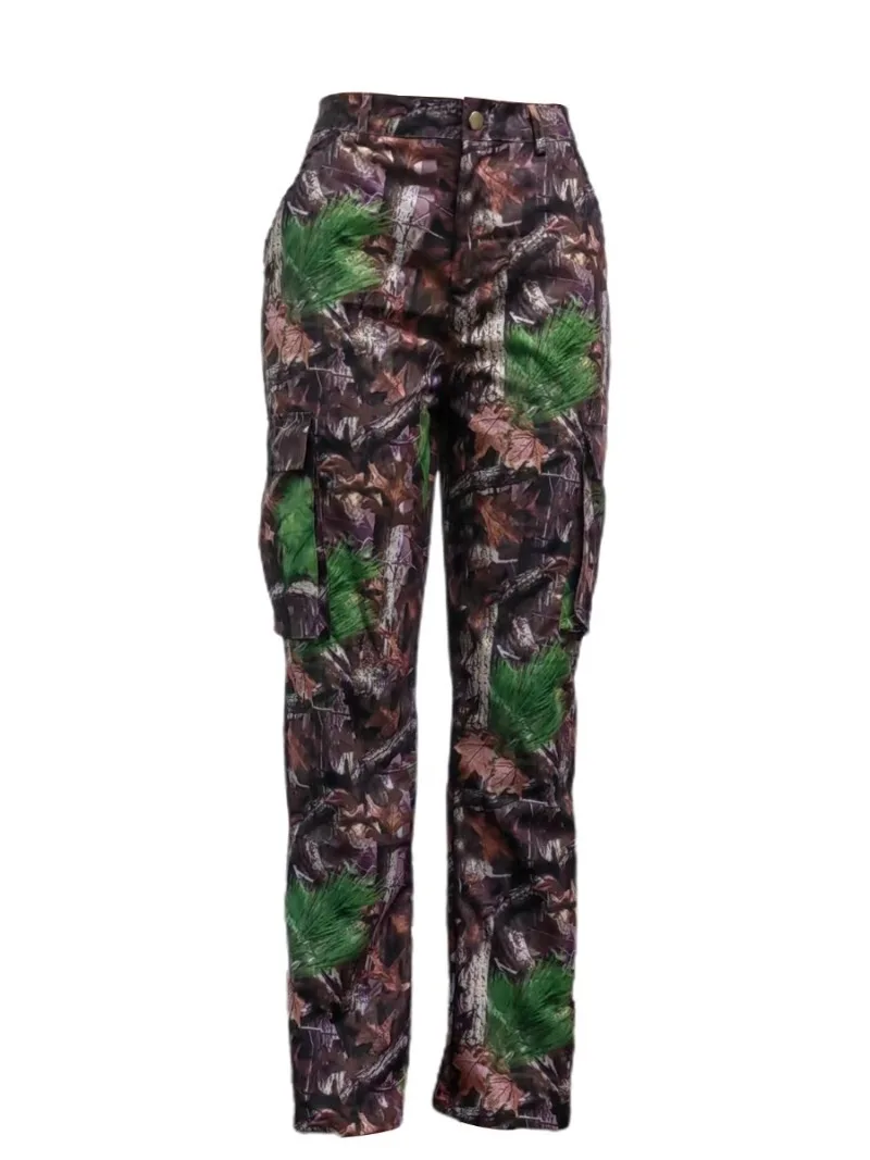 Mid-Waist Side Pocket Design Camo Print Cargo Pants Full Print Zipper Casual Leaf Printed Straight Tube Women's Camo Cargo Print