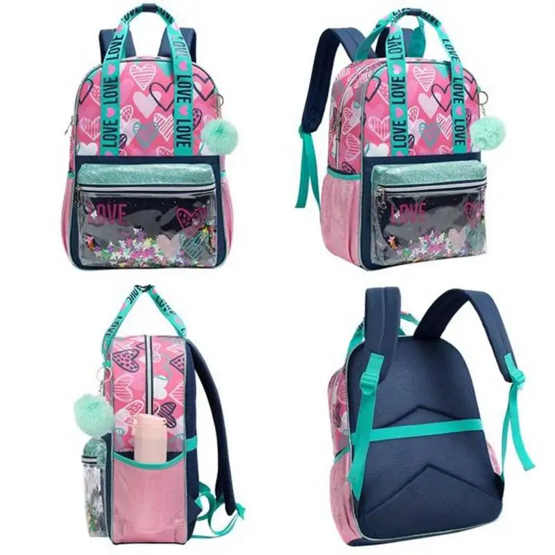 School Bags Set for Girls with Heart Pattern Children's Travel Suitcase Lunch Bag Pencil Case Set Large-capacity School Backpack
