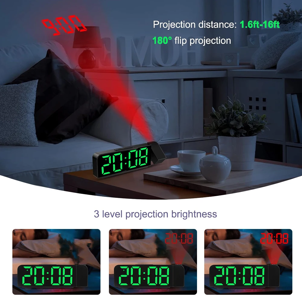 프로젝션 알람 시계 LED 디지털 알람 시계 청각 장애 및 난청인을 위한 다기능 책상 알람 시계 USB 플러그인