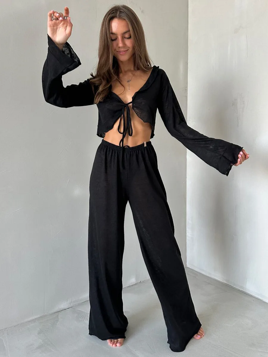 Conjunto informal de dos piezas para mujer, con cuello en V, manga larga con cordones y pantalones de cintura alta.