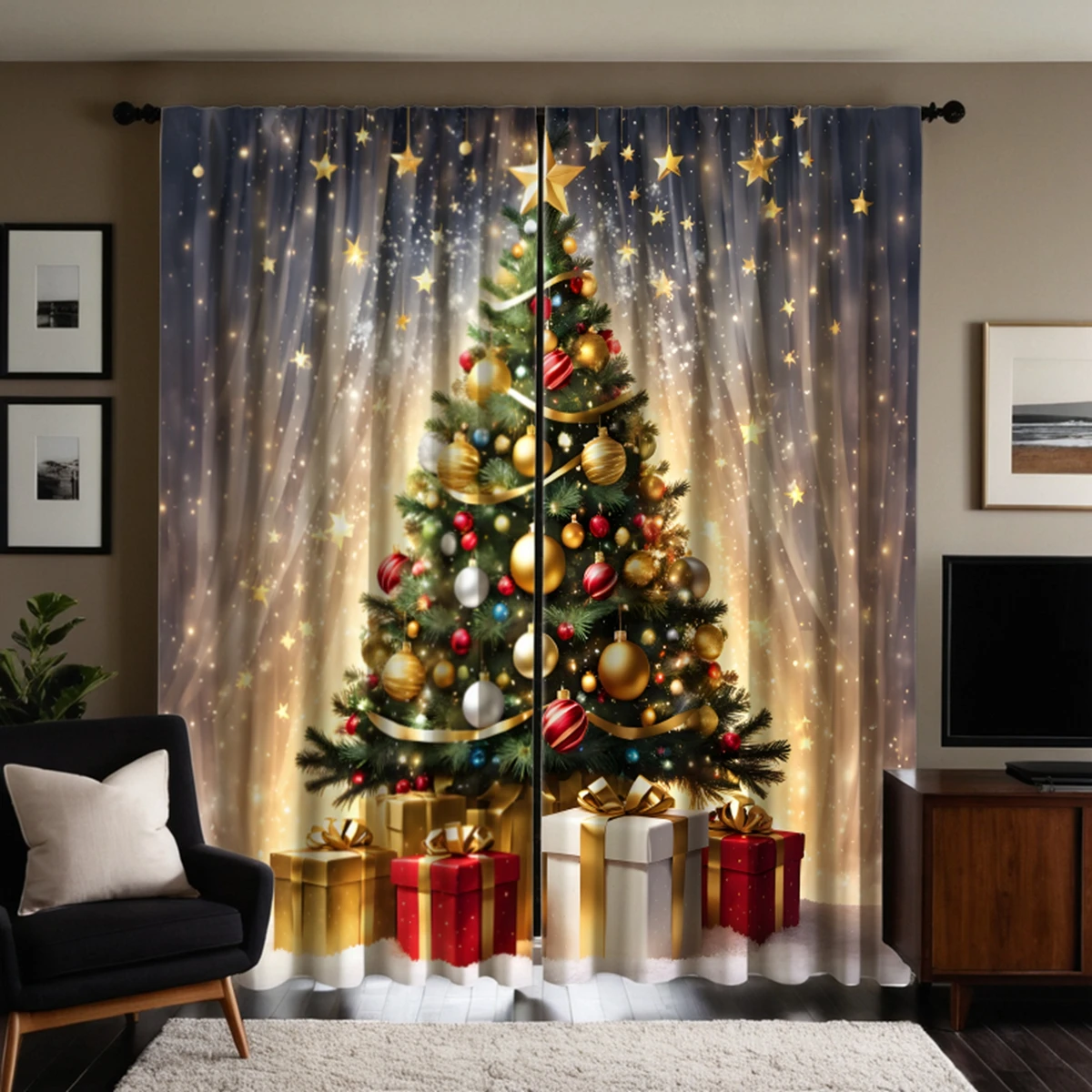 2pcs HD Starlight under Christmas tree gift box decorative curtain Yellow tie digital printed curtain Home decoration style d 5