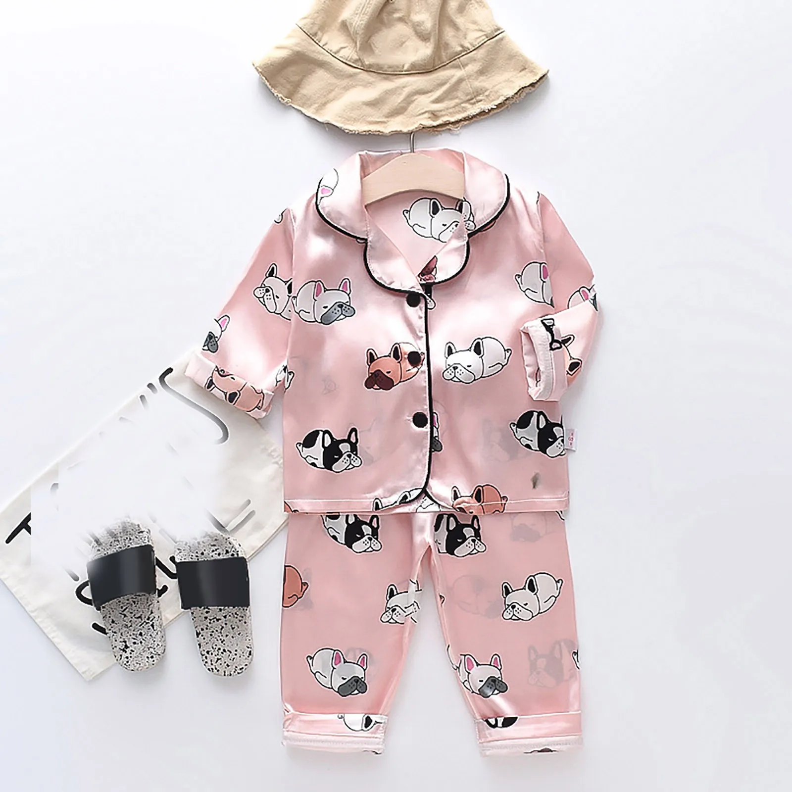 Toddler Kids Baby Boys Girls Satin Cartoon Button Down Shirt Tops + Long Pants Silk Pajamas 5 Set 4t Toddler Girl Clothes