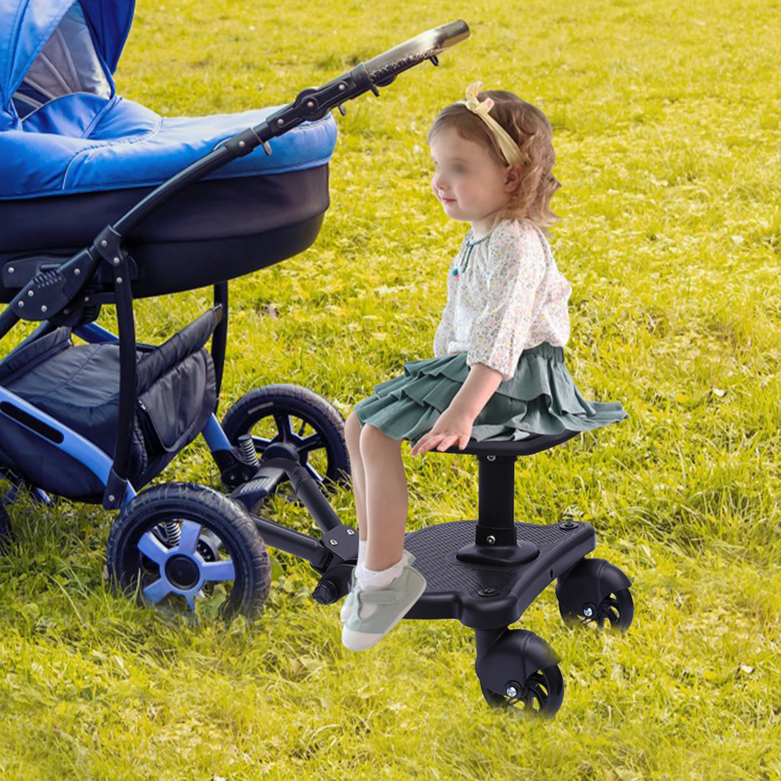Wheeled Pushchair Universal 2 in 1 Stroller Glider Board Buggy with Detachable Seat Step Board Pedal Black