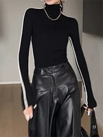 Mode col haut T-shirt femmes automne hiver à la mode couleur bloquant Slim Fit hauts femme Base simplicité à manches longues hauts 5