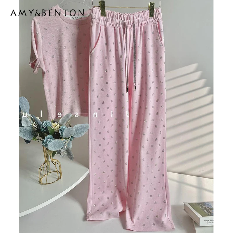 

Ladies Leisure Sports Suit Summer New High-Grade Fashion Pink Rhinestone Tops Slim Wide-Leg Pants Two-Piece Sets Womens Outfits