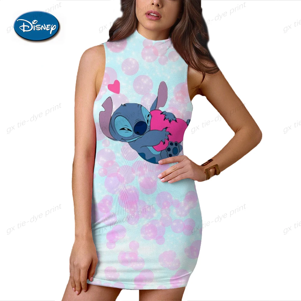 

Disney Stitch 3D Sleeveless Slim Fit Sexy Dress 2023 New Summer Women's Street Dress Party Holiday High Neck Dress Set
