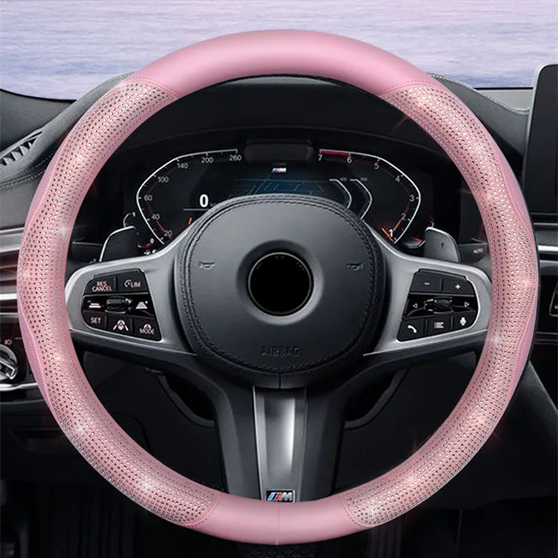 Rhinestones Steering Wheel Cover With Crystal Diamond Sparkling Car Interior Decoration Accessories Protector Fit 15 Inch Vehicl