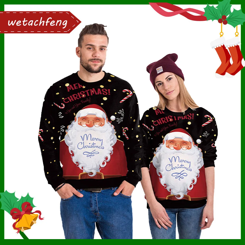 

2022 Women Men Merry Christmas Ugly Christmas Sweater Funny Santa Printed Xmas Sweatshirts Couples Holiday Dress Party Pullovers