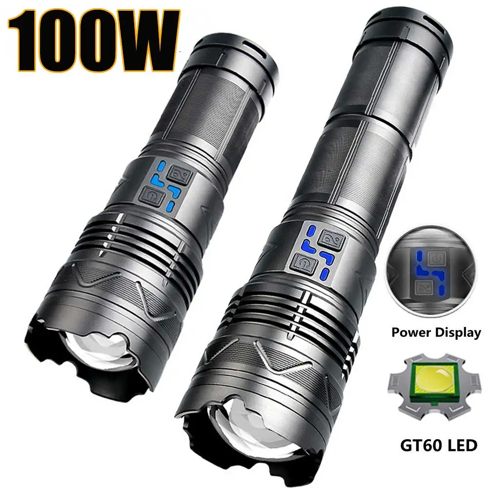 

30400mah 10000W GT60 Tactical Flashlight Powerful LED Torch USB Rechargeable Camping Self-Defense 18650 Shocker Flashlights