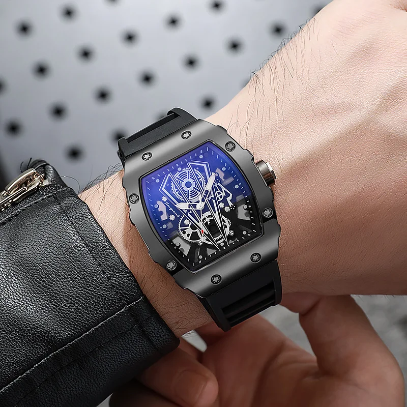 Men's Handsome Watch Personalized Wine Barrel Type Dial Men's Sports and Leisure Silicone Quartz Watch Combination Set (No Box)