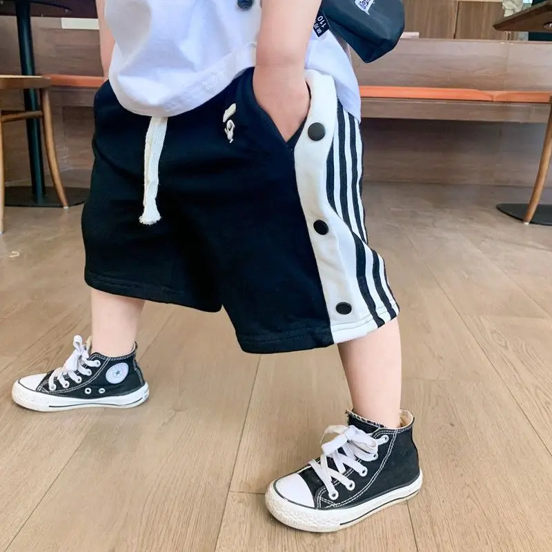 2024 Summer New Boys Spliced Elastic Mid Waist Contrast Color Striped Single-breasted Trendy Casual Loose Drawstring Shorts
