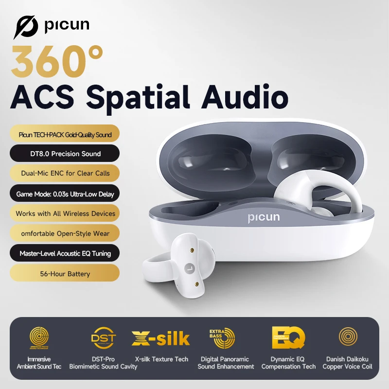 Picun W6 OWS 이어폰, 공기 전도 블루투스 5.3, 무선 HD ENC 마이크, 3D 서라운드 사운드, 방수 스포츠 이어 후크, 경량