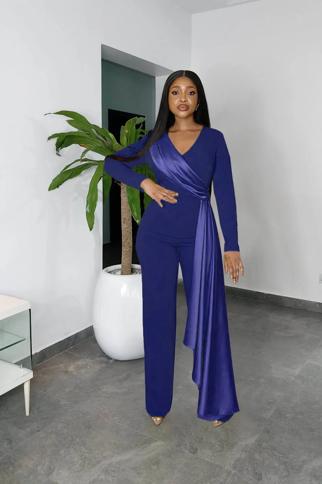 Spring Summer Fashion Satin Binding Wide Leg Jumpsuit African Women OL Casual V-neck Long Sleeve Straight Jumpsuit Women