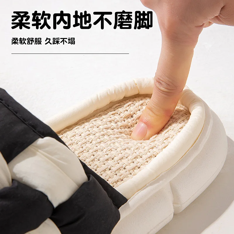 Simple Flax Lattice Spring Summer Women Slippers Home Floor Slippers for Women Couples Feeling Soft Bottom Linen Slippers