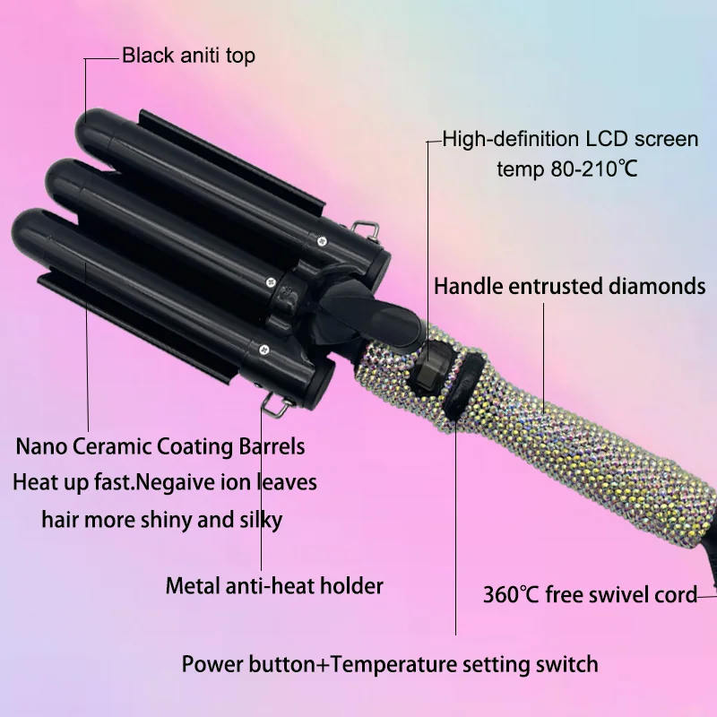 Curling Weave Iron Wand with Rhinestones Three Barrel LCD Temperature Display 1 Inch Ceramic Triple Barrels Crimp for Long Hair