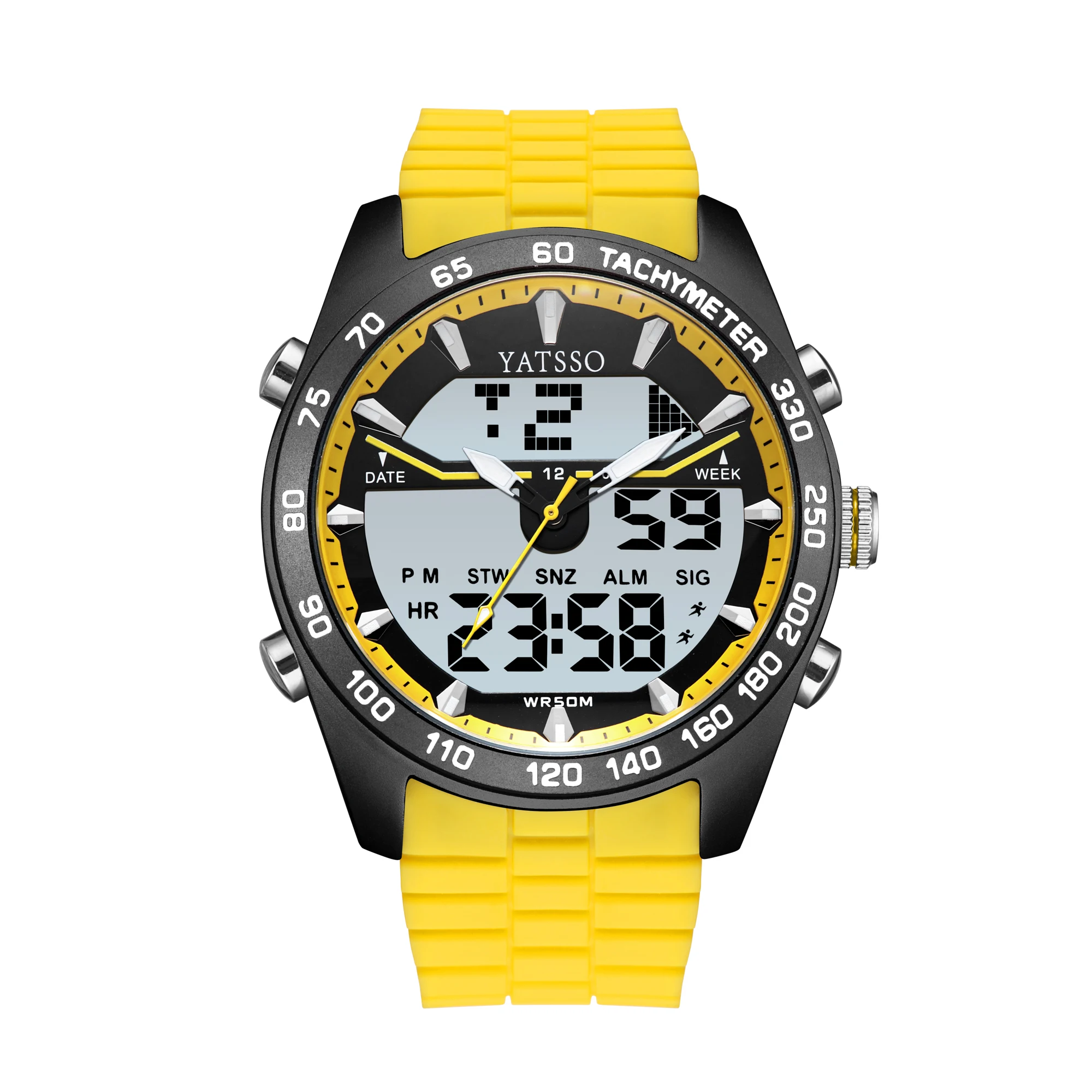 YATSSO men's alloy dual time display quartz watch led light alarm clock waterproof