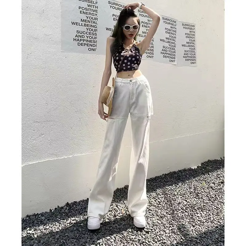 

New Fashion High-quality Ripped Straight-leg Jeans Women's Button-down Design Loose and Thin Drape Wide-leg Mopping Pants
