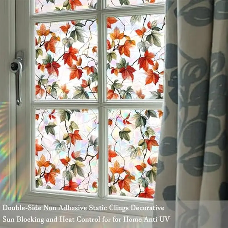 Fresh Retro Flower Vine Maple Leaf Sunshine Colorful Electrostatic Glass Stickers Window Stickers Double Sided Visual Decoration