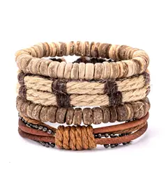 Artisanal Handcrafted Bohemian Leather and Wooden Bead Men's Bracelet - 18 - 23cm (30)