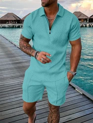 Summer Men's Hot Selling Solid Color Short Sleeve Zippered Polo Shirt Short Sleeve Set Street High Quality Men's Clothing