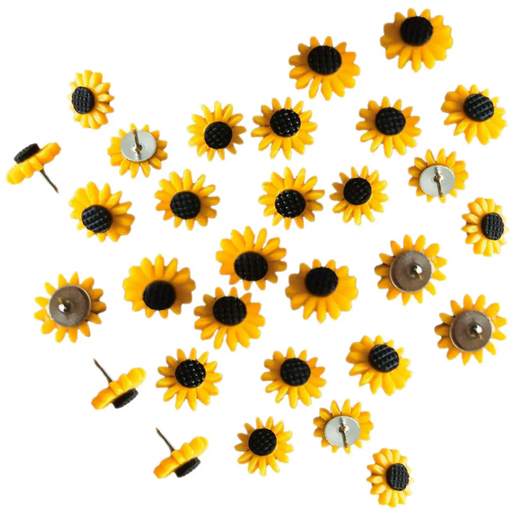 40개 해바라기 모양 푸시핀 프리미엄 레진 철제 압정 코르크보드 게시판 지도 마커 사진 벽 장식 사무실용