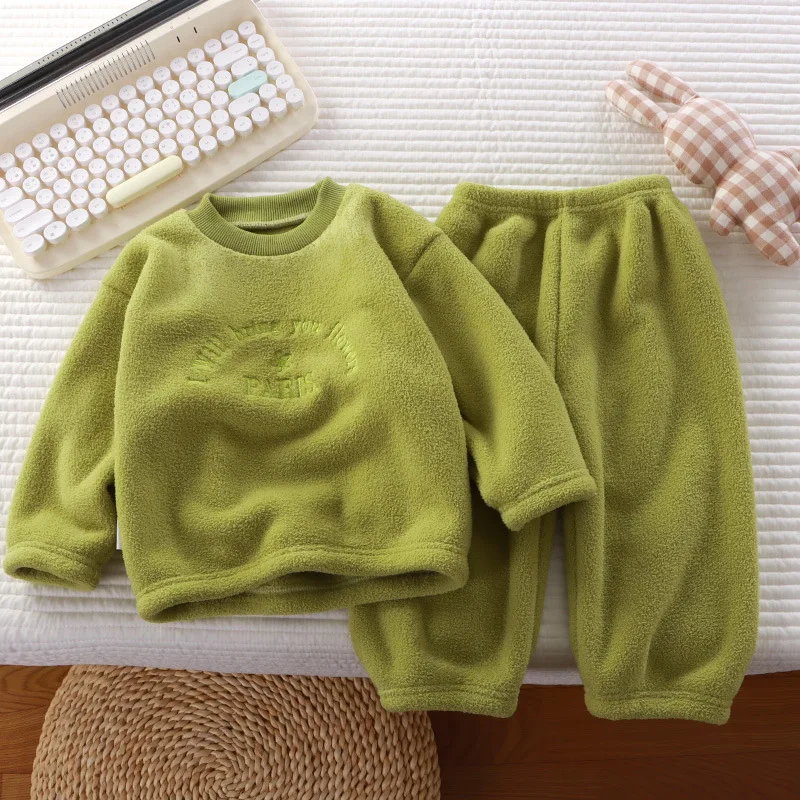 thumbnail image 1 of Winter Flannel Kids Sets Solid Warm Children Pajamas Sets Homewear Two-piece Set  for Baby Boys Girls Kids Boutique Clothes, 1 of 6