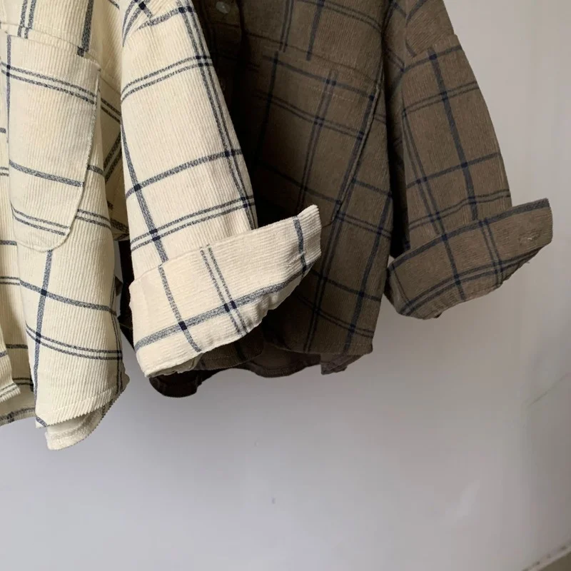 Spring autumn Boys and Girls corduroy plaid long sleeve shirts 1-6 years children vintage casual shirt Top