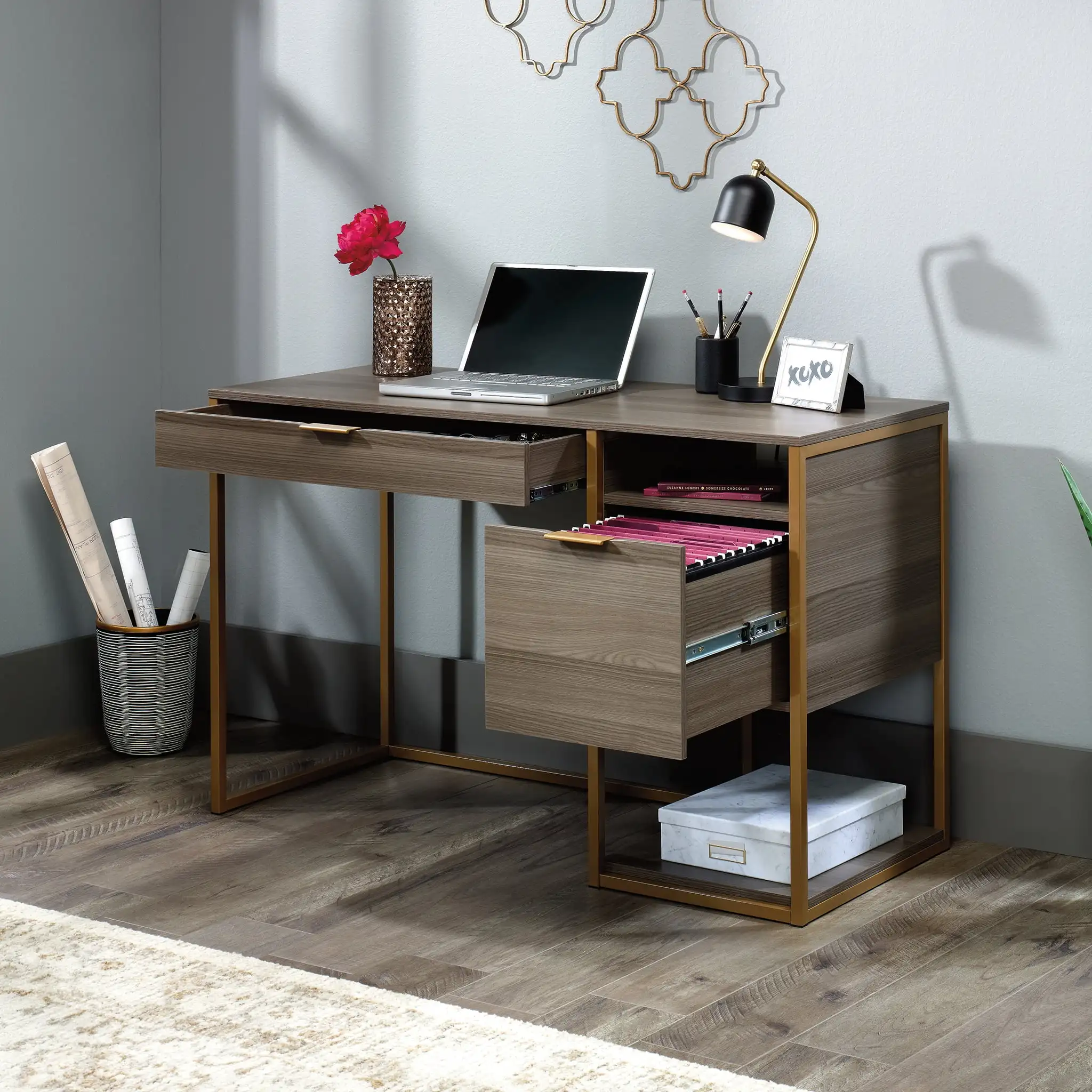 

International Lux Single Pedestal Office Desk Computer PC Laptop Table Writing Workstation, Diamond Ash Finish