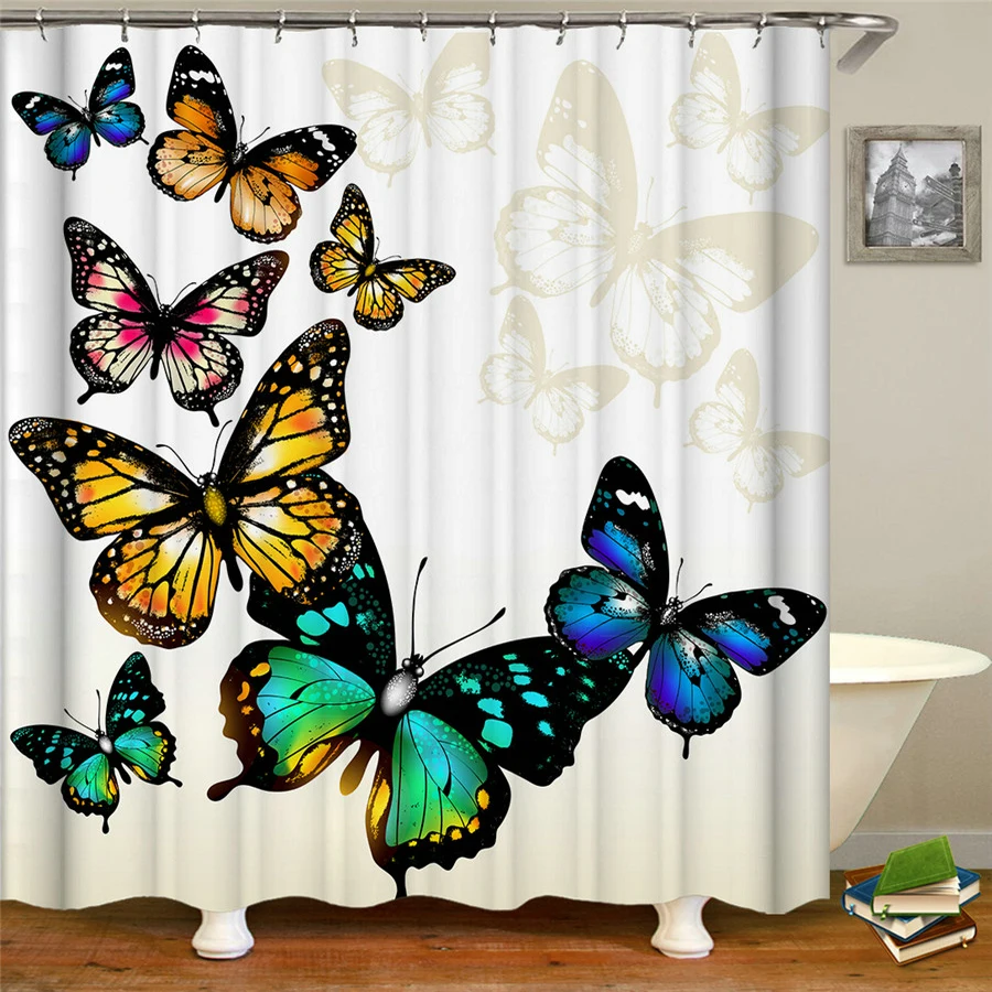 

Waterproof Shower Curtain Butterfly Flowers Bath Curtains Bathroom Polyester Cloth With 12 Hooks 180*200cm Home Bath Curtain