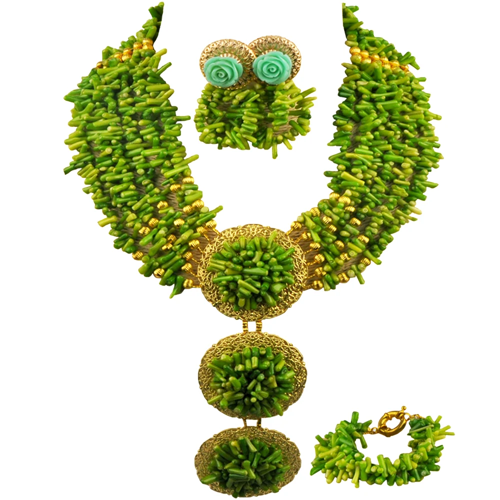 

African Necklace Green Coral Jewelry Set for Women