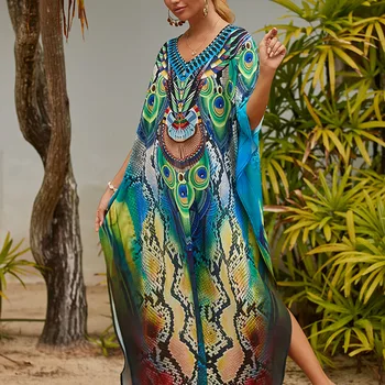 여성용 긴 카프탄 프린트 수영복 커버 업 캐주얼 비치 맥시 드레스, 아바야 비치 복장, 보호 의류