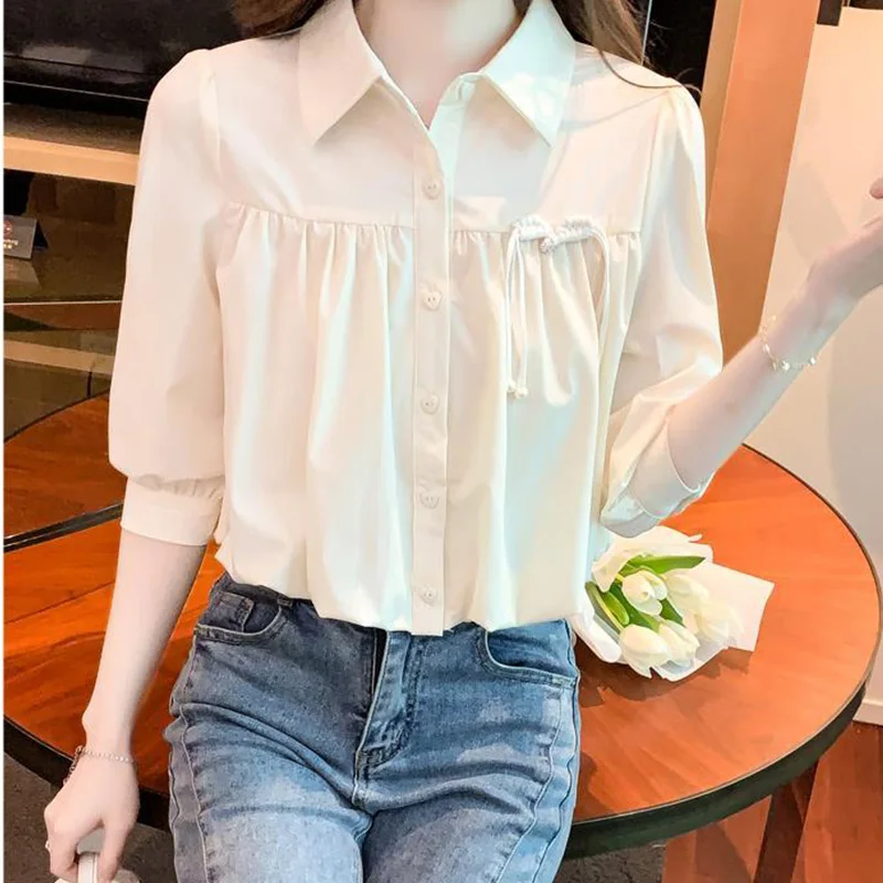 2024 New Summer Simplicity Loose Casual Office Lady Women's Shirt Retro Solid Color Korean Style V Neck Short Sleeve Y2K Tops